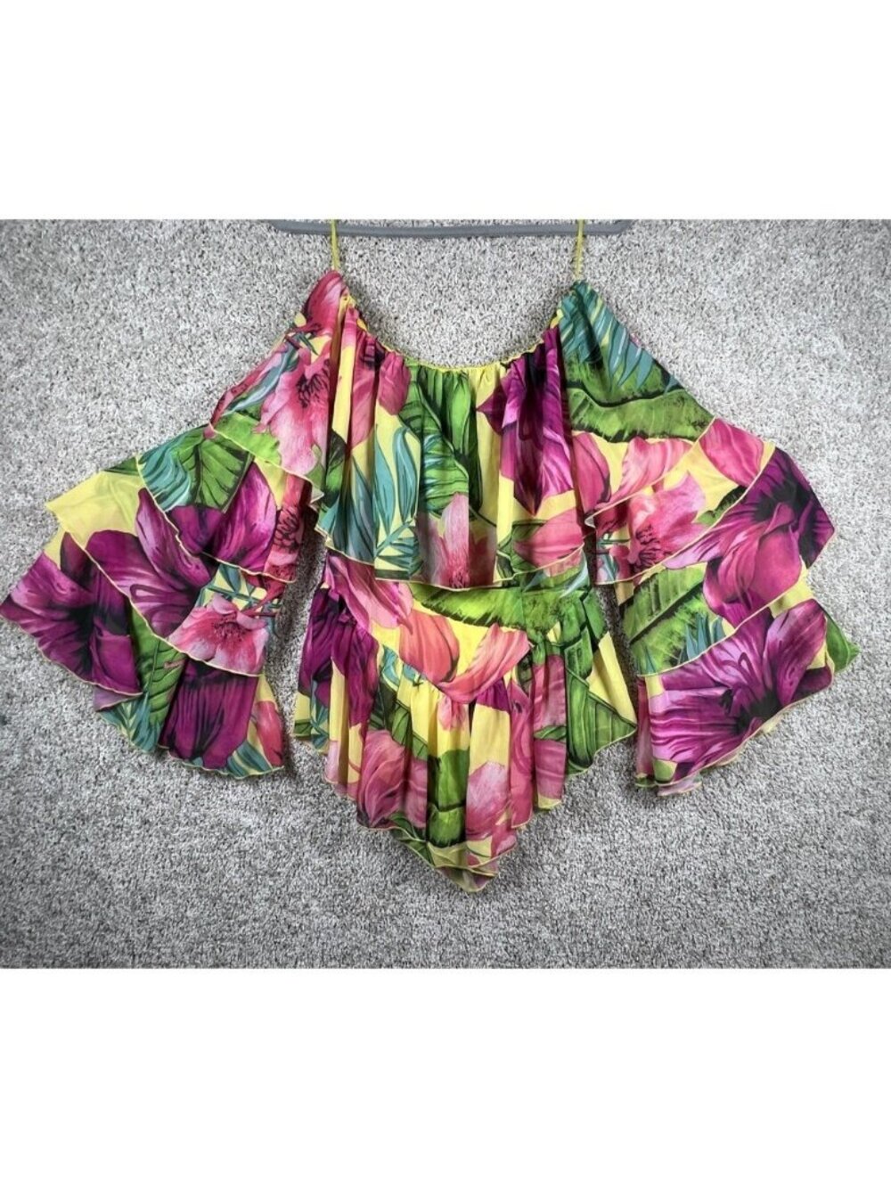 Banjul Womens Tropical Floral Off Shoulder Dress Yellow Ruffle Summer Vacation B